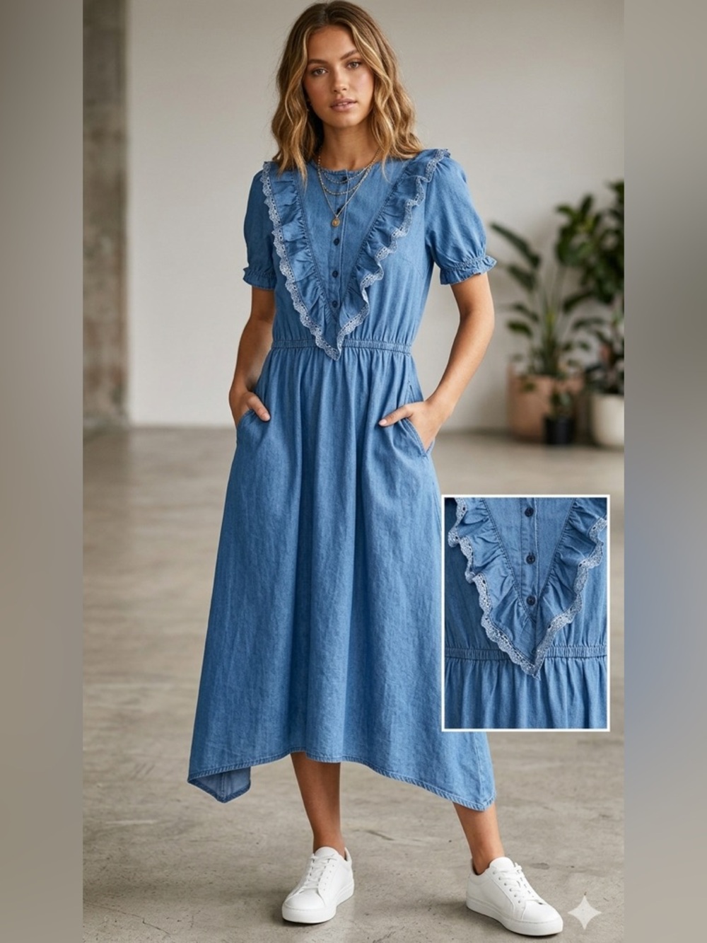 Sweet Salt Denim Dress 4 Small Midi Pockets Ruffle 90s Style Lace Detail